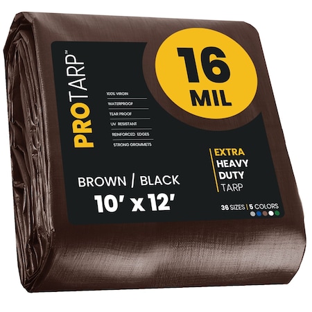 Protarp Heavy Duty Tarp, 10 ft x 12 ft, 16 Mil, Brown/Black, Polyethylene, Waterproof, Rip and Tear Proof PT-102-10X12